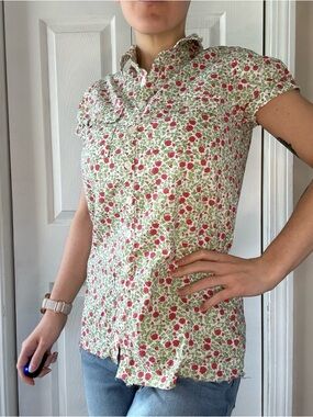 Floral Button-Front Short Sleeve Blouse - White with Pink & Green